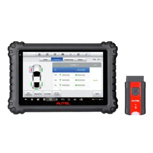 Autel diagnostic tablet with red VCI programming module beside it