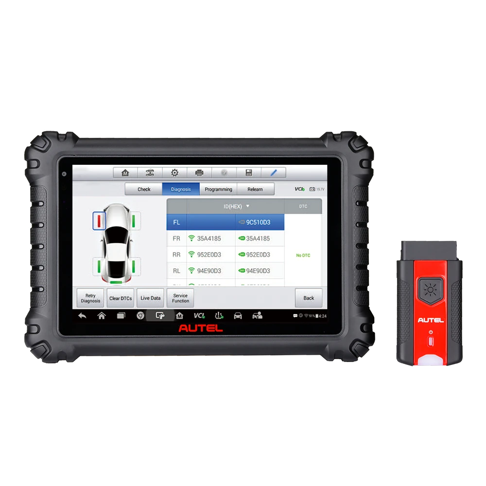 Autel diagnostic tablet with red VCI programming module beside it