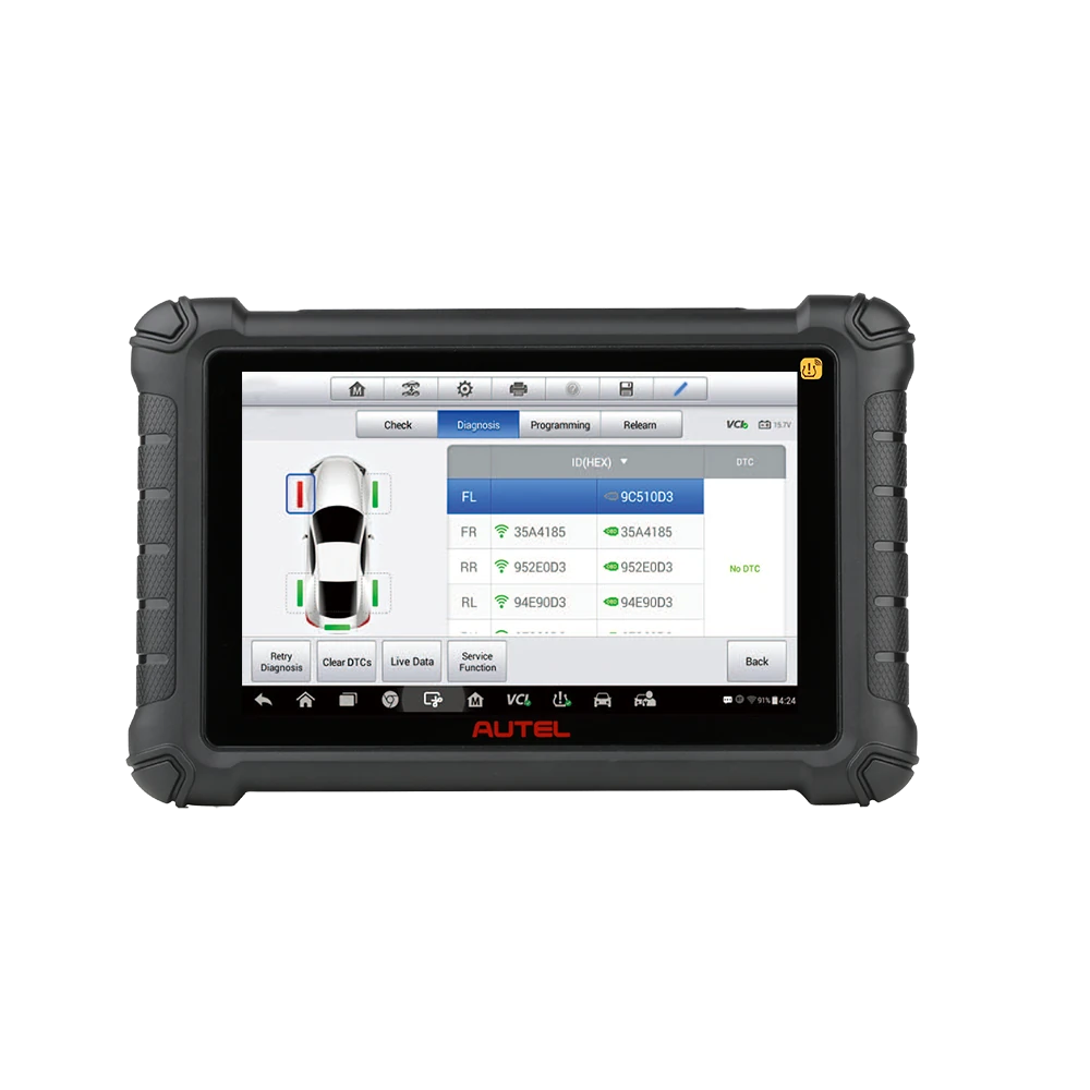 Live vehicle diagnostic data on Autel scanning device showing tyre sensors